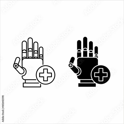 Two black and white robotic hand icons, each with a plus sign, representing medical or assistive technology.