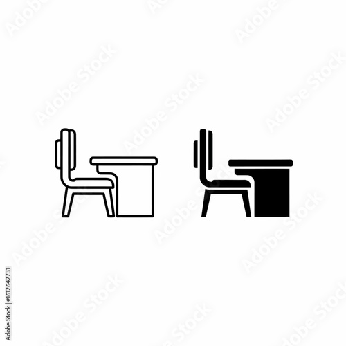 Two desk and chair icons, one in outline style and the other filled in black.