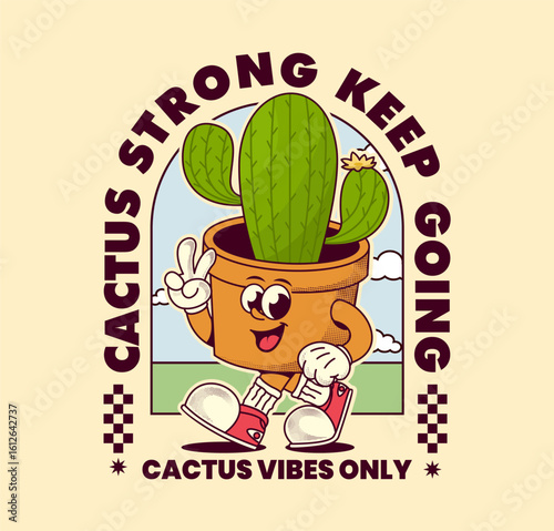 Cute retro cactus cartoon character in vector illustration, perfect for t-shirt prints, stickers, posters, and more
