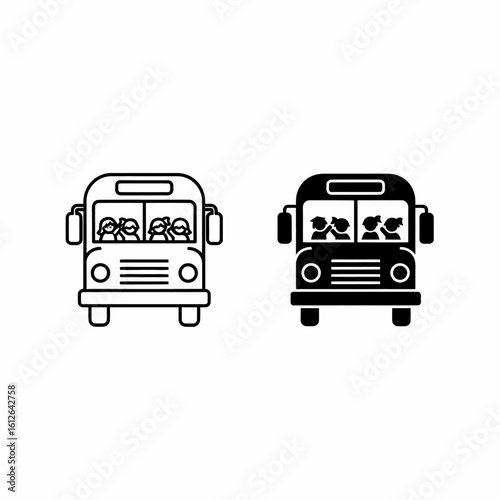 Two simple icons depicting a school bus, one in outline and one solid black, each showing passengers inside.