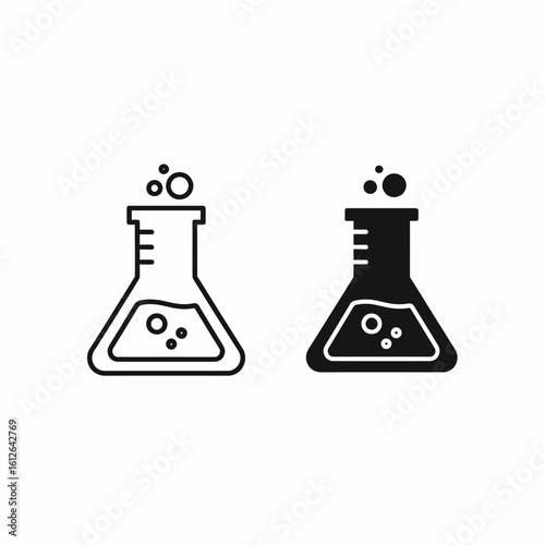 Two simple Erlenmeyer flasks, one outlined, one filled, both bubbling, representing science or experimentation.