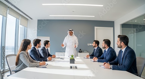 A group of diverse business professionals attentively listens to their leader during a productive meeting in a modern .