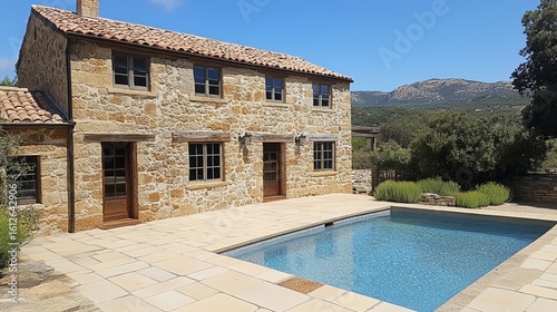 Stone house with pool under a sunny sky