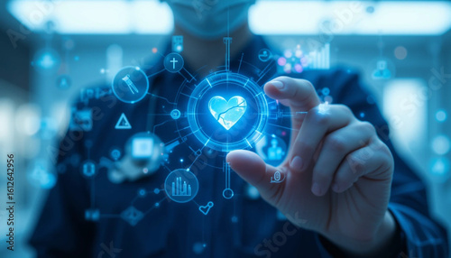 medical doctors hand interacting with a futuristic virtual interface in holographic style