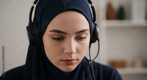 A young woman wearing a hijab attentively listens while using a headset for a customer service or online communication role.