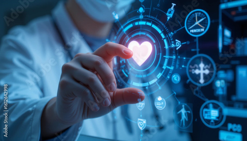 medical doctors hand interacting with a futuristic virtual interface in holographic style