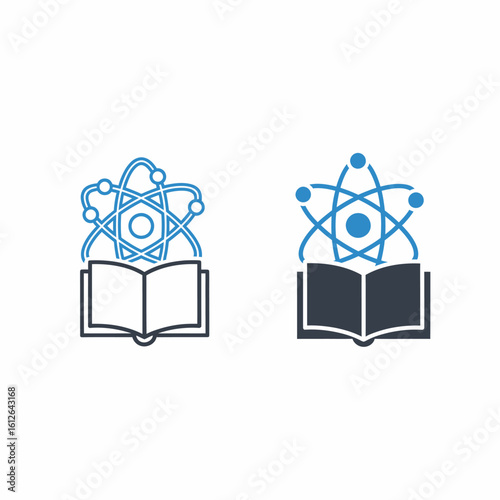 Two stylized icons depicting an open book with an atom symbol above it.