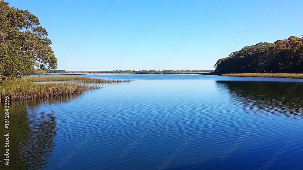 Fototapeta premium Tranquil lake scene, calm water reflecting clear sky