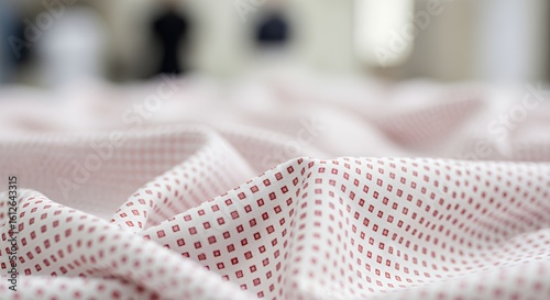 Soft white fabric with a subtle red and gray geometric pattern creates a gentle, undulating texture.