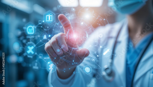 medical doctors hand interacting with a futuristic virtual interface in holographic style