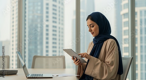 A woman in a hijab works on a tablet computer in a modern overlooking a city skyline.