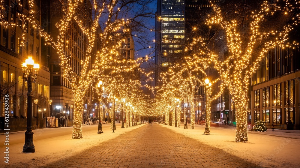 Fototapeta premium City avenue at night, adorned with Christmas lights, snow on the ground