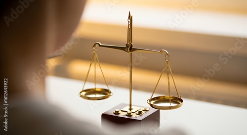 A golden scale of justice sits on a wooden base, symbolizing balance, fairness, and the pursuit of equitable outcomes in legal proceedings.