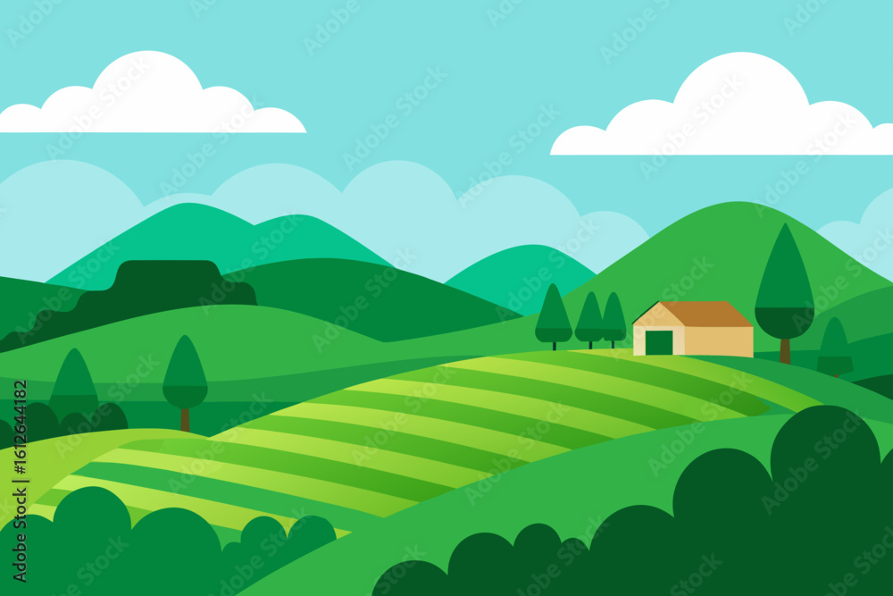 Fototapeta premium Idyllic green countryside landscape with rolling hills and a small farmhouse
