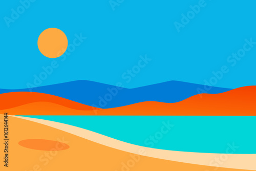 Vibrant minimalist landscape with orange sun over blue mountains and turquoise water