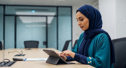 A woman in a hijab uses a tablet computer in a modern , focused on her work.