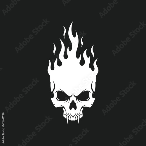 White skull with sharp teeth and flames rising from its head, set against a dark background.