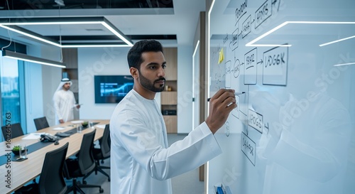 A businessman in traditional Middle Eastern attire collaborates with colleagues, brainstorming ideas on a glass whiteboard in a modern setting.