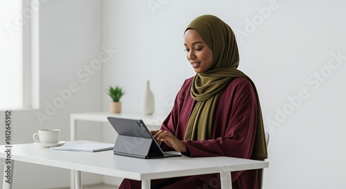 A woman in a hijab works diligently on a tablet, engrossed in her tasks at a minimalist workspace.