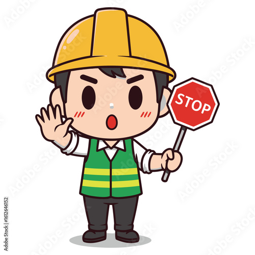 Cartoon worker in safety vest holding a stop sign, gesturing with hand.