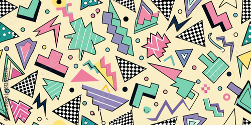 Seamless retro 80s doodle wallpaper with pastel checkerboards, triangles, wavy arrows, and plus signs, nostalgic abstract vector layout for creative backgrounds and pop culture design

