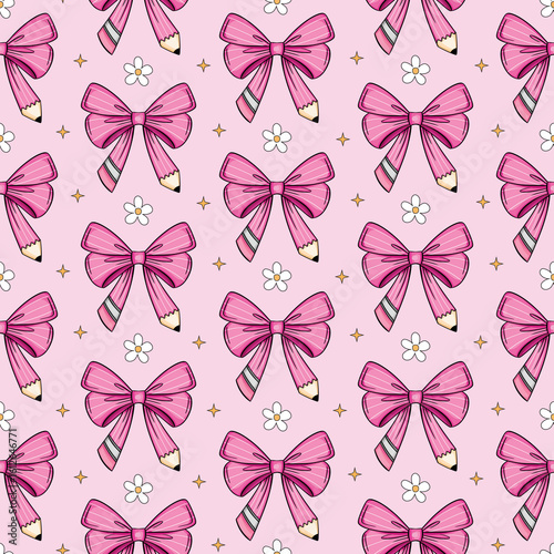 Pencil Coquette Bow Pink Seamless Pattern