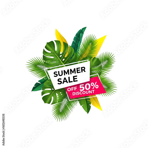 Tropical Leaves Summer Discount Label Vector – Transparent Background