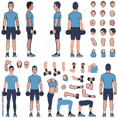 Male Fitness Character Constructor for Animation & Design Projects, Character Builder, Animation Kit, Fitness Vector, Workout Illustration, Male Character, Man Exercising, Dumbbell Workout, Vector Set