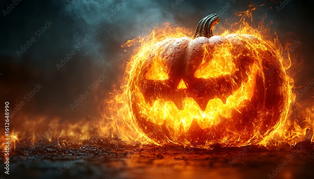 Naklejka premium Jack O Lantern Pumpkin engulfed in bright orange flames on dark background halloween 1