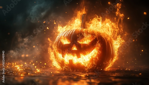 Jack o lantern pumpkin engulfed in bright orange flames and smoke halloween fire 5