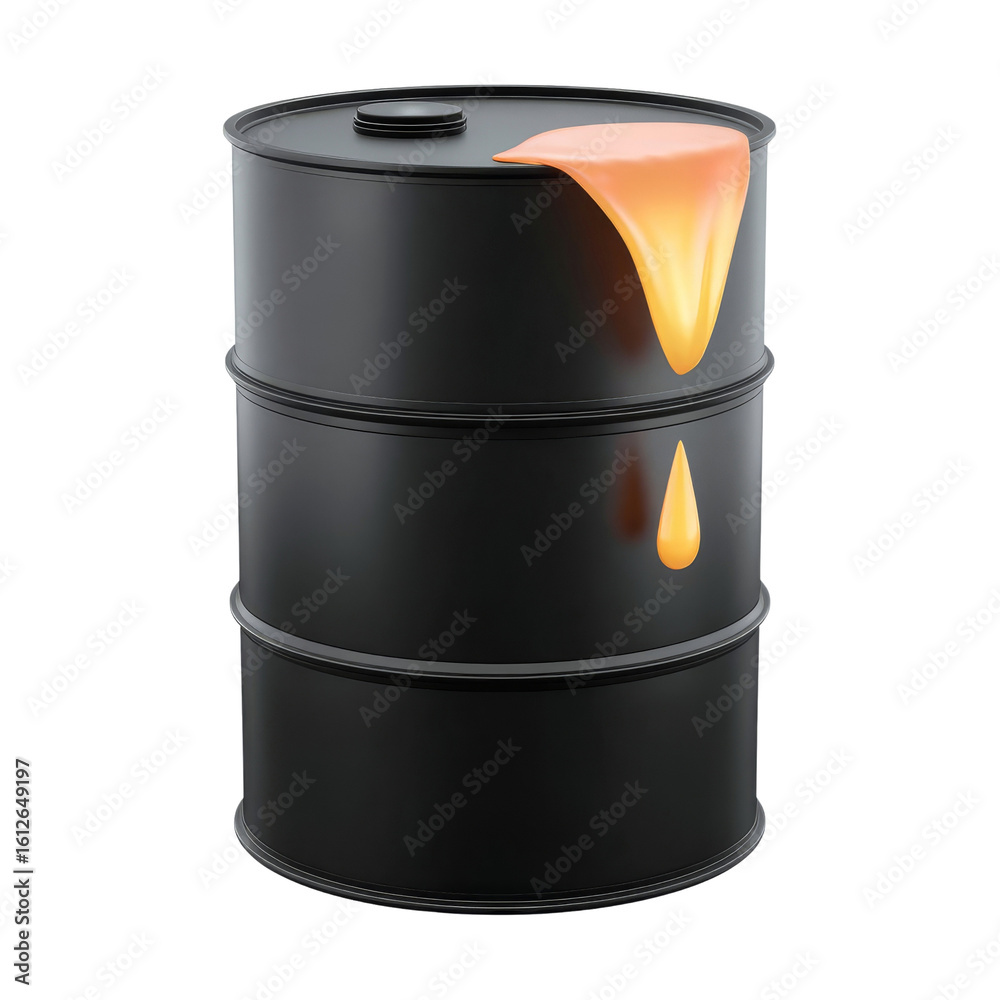 Black oil barrel with a dripping orange liquid on white isolated background. Black oil barrel with a dripping orange liquid on white isolated background.