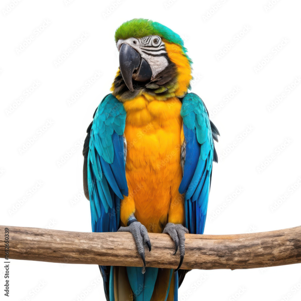 Fototapeta premium Blue and gold macaw parrot perched on a branch isolated on transparent background