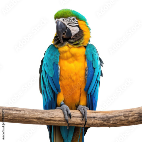 Blue and gold macaw parrot perched on a branch isolated on transparent background
