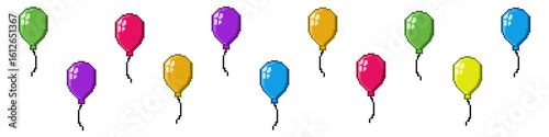 Pixel fly balloons vector. Ideal for celebration designs, festive events, or childhood themes. These pixel art balloons float upwards, conveying a sense of joy and lightheartedness.