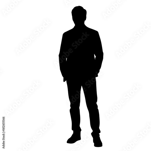 Silhouette of a man in a suit, standing with hands in his pockets, isolated on a white background.