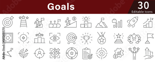 Goals Line Icons Set with Editable Stroke for Target, Achievement, Success, and Business Objectives