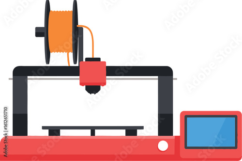 A red and black d printer with an orange filament spool on top and a blue screen on the right side