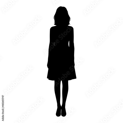 Silhouette of a woman standing, wearing a dress and shoes, isolated on a white background.