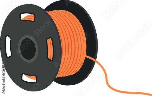 A spool of orange filament wound on a black reel with a piece of filament extending from the spool