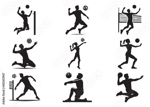 Volleyball player silhouette vector illustration Set