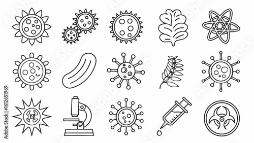 Collection of scientific and medical icons featuring viruses a microscope syringe and biohazard symbol
