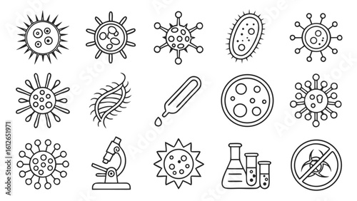 Collection of stylized line art icons representing viruses bacteria laboratory equipment and biohazard symbols