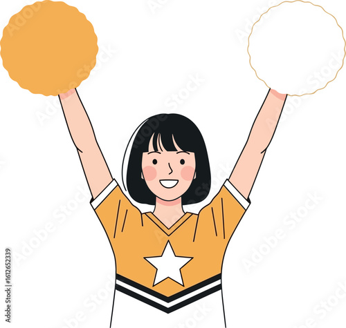 A cartoon cheerleader with black hair and a yellow and white uniform holding pom poms above her head smiling