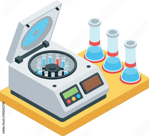 Isometric illustration of a centrifuge with test tubes and flasks on a yellow platform surface