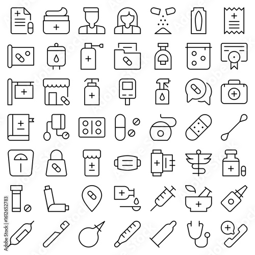 Pharmacy Medical Health Thin Icon Set. Perfect for user interface, new application
