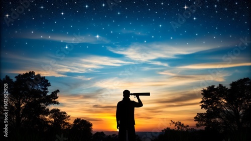 Man gazing at night sky with telescope under a stunning starry sunset