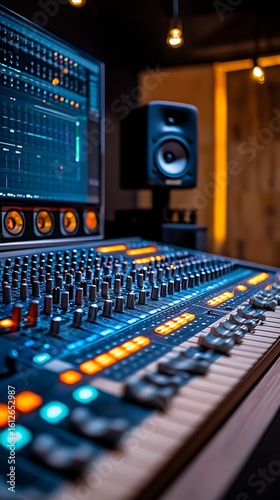 Professional Music Recording Studio Setup Featuring Mixing Console, Monitor, and DAW Display for Audio Engineering