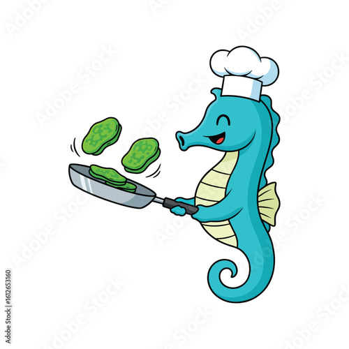 Cute cartoon seahorse wearing a chef hat happily cooking vegetables in a frying pan
