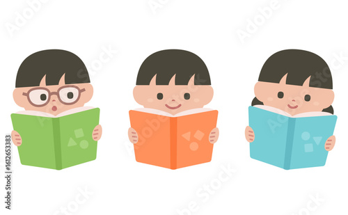 本を読む子供たちのシンプルイラスト
