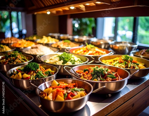A buffet table laden with diverse, colorful vegetable and meat dishes in stainless steel bowls